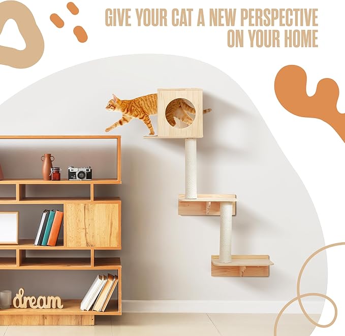 Houseables Wall Cat Tree, Wall Mounted Cat Tree, Cat Shelves, Cat Wall Furniture Set, Cat Wall Shelves, Cat Climbing Shelves, Wall Mount Cat Shelves, Cat Ledges for Walls, Wall Cat Furniture, w/House