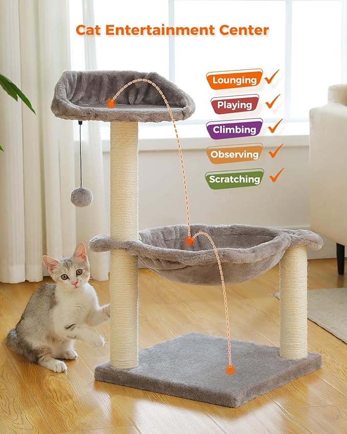 Cat Tree 28" Cat Scratching Post with 15.7" Large Cat Hammock Bed for Indoor Small Cats, Cat Scratcher Cat Toy, Grey