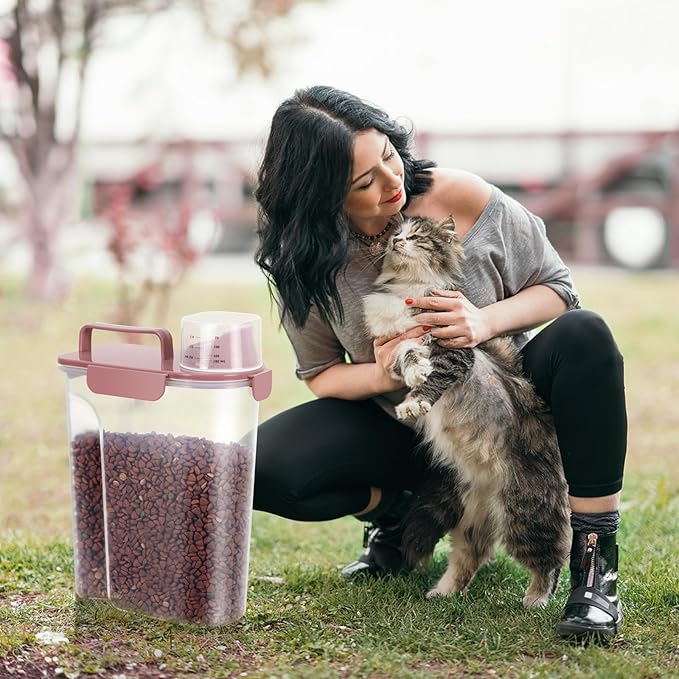 5-7Lbs Airtight Pet Storage Container For Cat Dog Bird Food and Keep Fresh, Translucent Body,Upgraded large nozzle for easy pouring With handle design Easy to carry when going out-pink