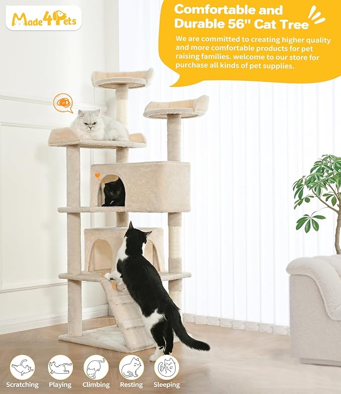 Made4Pets Cat Tree Tower 56in Cat Tower for Indoor Cats Kitten Tree Multi-Level Cat Tree with 2 Condo Furniture Activity Center with Scratching Posts Funny Toys Kittens Pet Play House, Beige