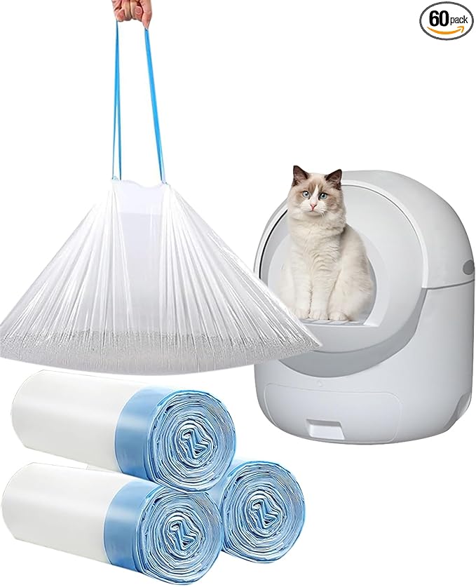 60 Count Cat Drawstring Litter Box Liners 26.6x16.7 inches 2Mils Super Thick White Cat Litter Waste Bags Poop Bags for Self-Cleaning Litter Box Cat Litter Pan Trays (Blue Drawstring 60 count)