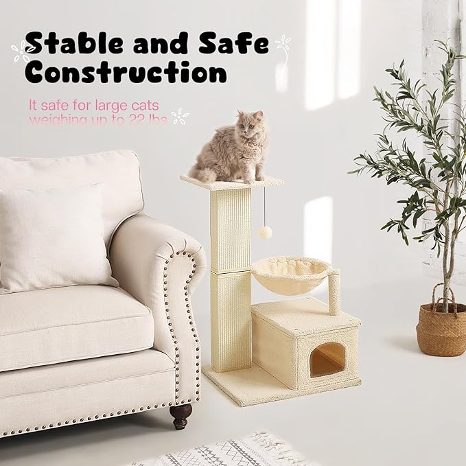 Small Cat Tree, 31 Inches Tall Cat Scratching Post with Perch & Condo & Hammock, Natural Woven Sisal Cat Post Sctacher, Kitten Scratching Posts for Indoor Cats, Cat Scratch Tower, Beige