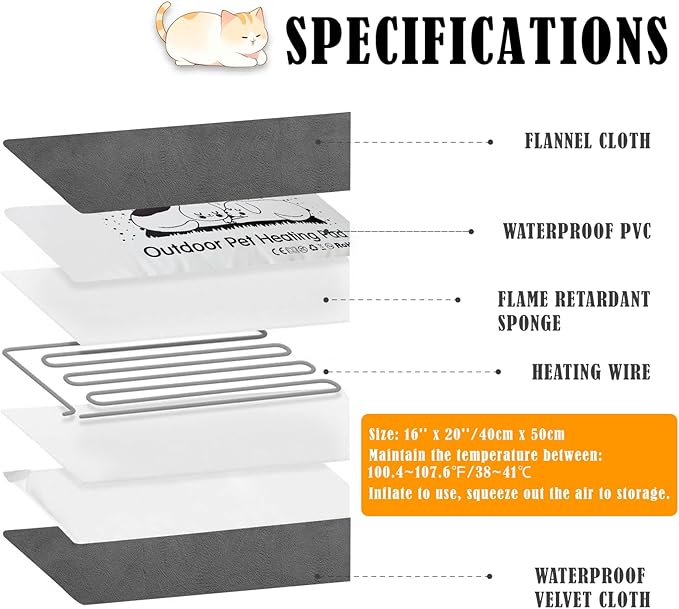 Kiroto Outdoor Heating Pad for Cats, Pet Heating Pad for Cats Outside, Waterproof Cat Warming Pad, Heated Cat Bed Safe Electric Heating Pad for Cat House, Feral Cat Heating Pad, 20" x 16"