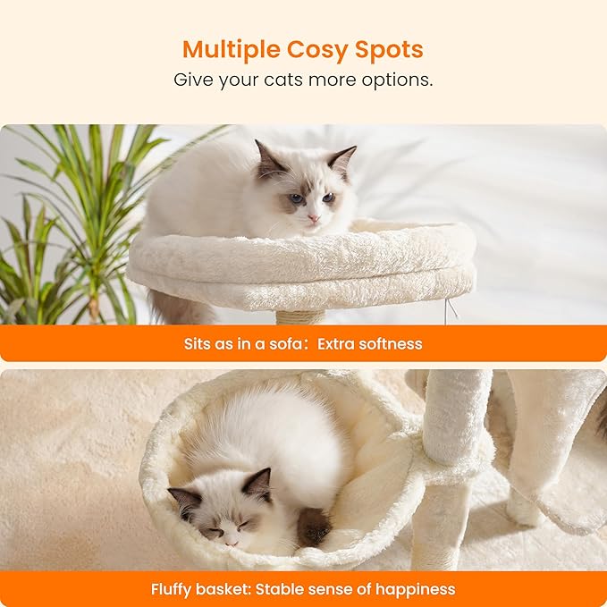 Heybly Cat Tree with Cat Self Groomer Brush, Cat Tower Condo for Indoor Cats with Padded Plush Perch,Cat House with Basket Scratching Board Post, Beige HCT005SM