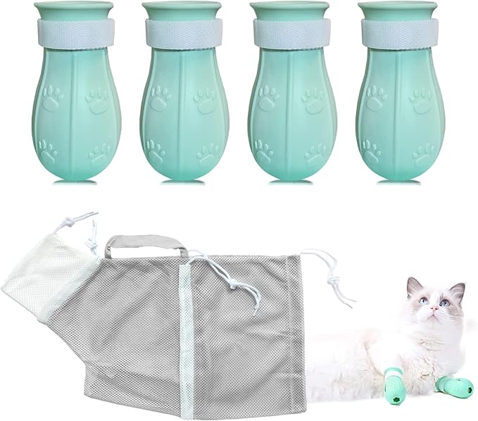 Anti-Scratch Silicone cat Shoes,Cat Claw Covers,Adjustable Multifunctional Anti-Bite Shower net Bag，Cat Grooming Mesh Bag, Pet Medical Shoes,Cat Bathing Bag (Grey)