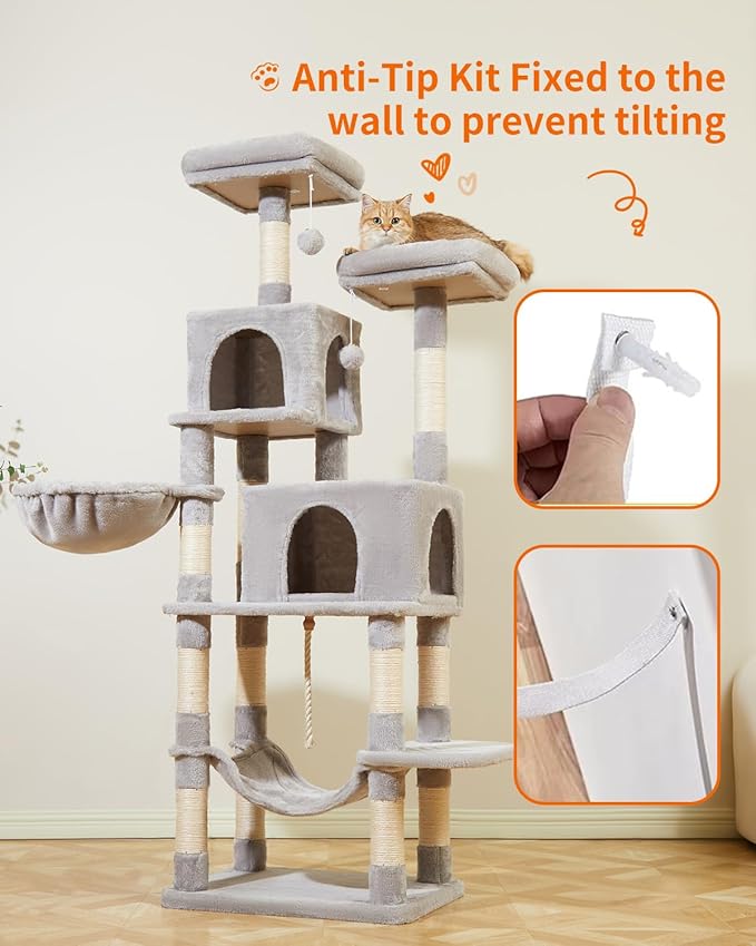 Taoqimiao 66-Inch Cat Tree Cat Tower for Indoor Cats, Plush Multi-Level Cat Condo with 12 Scratching Posts, 2 Perches, 2 Caves, Hammock, 2 Pompoms MS013W Light Gray