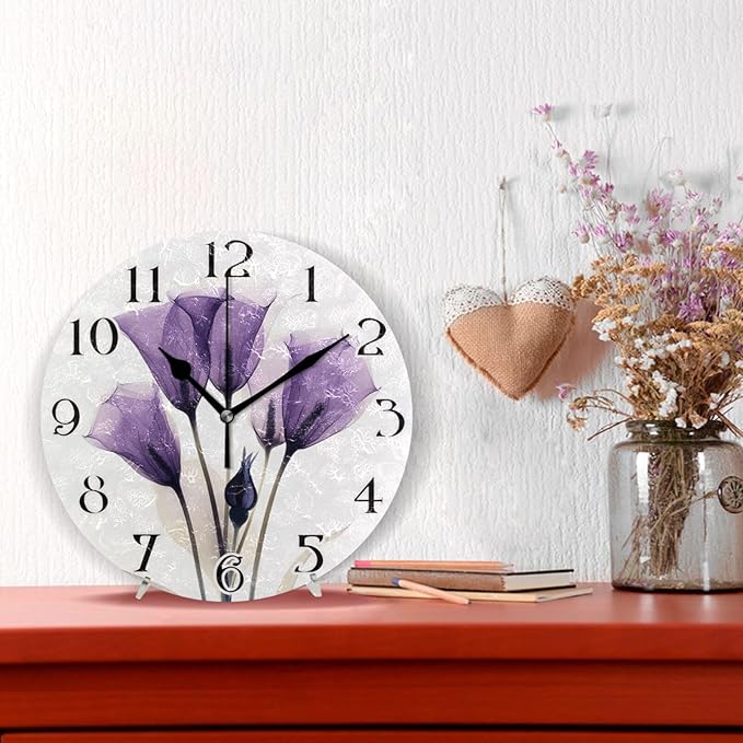ALAZA Purple Tulip Lily Flower Wall Clock Battery Operated Kitchen Clock 9.5 Inch Bathroom Clock Non Ticking Round Decorative Desk Clock Bedroom Living Room Decor