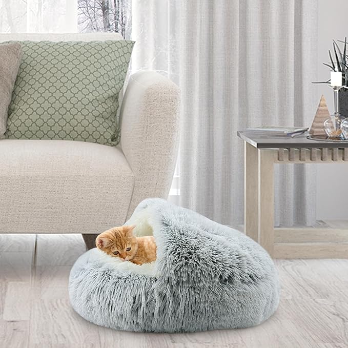 Cat Bed Round, Hooded Cat Bed Cave Fluffy Dog Beds, Cozy Donut Anti Anxiety Dog Bed for Small Dog and Cat, Gifts for Cat Lovers(20×20inch, Grey)