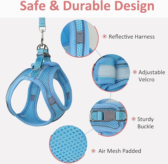 Cat Harness and Leash- Reflective Mesh Cat Vest for Walking Outdoor- Escape Proof Kitten Puppy Vest Harness -Comfort Fit, Lightweight, Easy Control (XXS, Blue),XX-Small