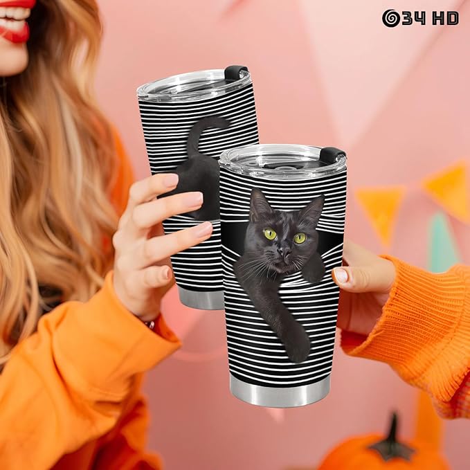 34HD Black Cat Tumbler with Lid, 20 oz Stainless Steel Vacuum Insulated Hide and Seek Mug Kitty, Funny Cat Gifts for Men Women Mothers Day Birthday Christmas