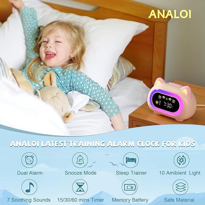 Alarm Clock for Kids, Sleep Training Clock for Girls With Dual Alarm, Eye Protection, Auto Off Timer, 10 Color Night Light, Cat Ok to Wake Clock