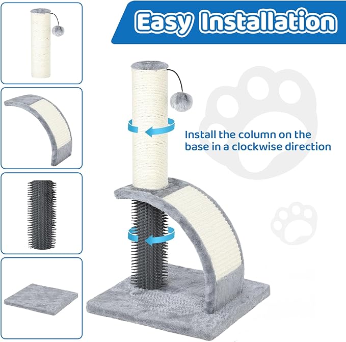 Tall Cat Scratching Post with Groomer, 19.6" Scratching Post with Wood Frame, Stable Sisal Cat Post with Extra Interactive Dangling Plush Toy,Protect Furniture