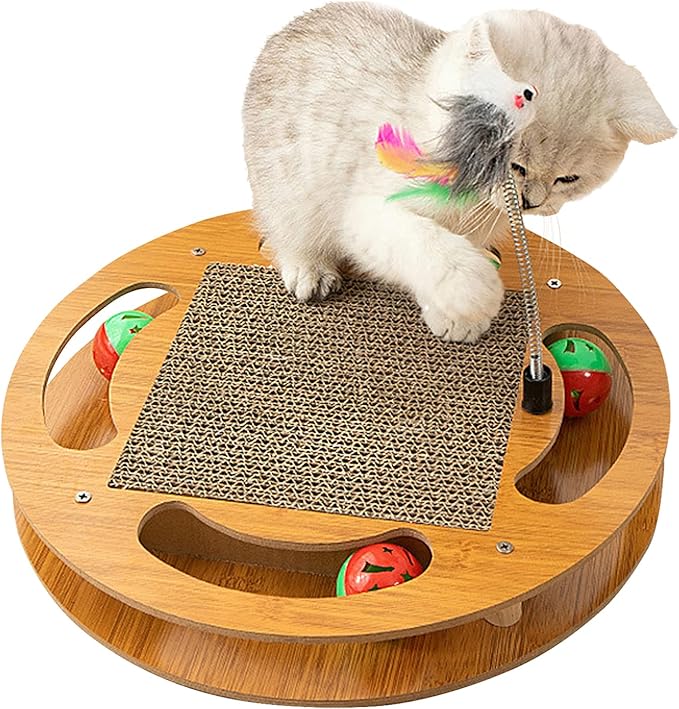 Cat Scratching Board with 4 Cat Bell Balls Toys and Spring Mouse Toy, Cat Scratcher Pad for Indoor Cats, Cat Scratcher Cardboard, Durable, Cat Self Groomer, Stable and Non-Slip, Eco-Friendly Wood