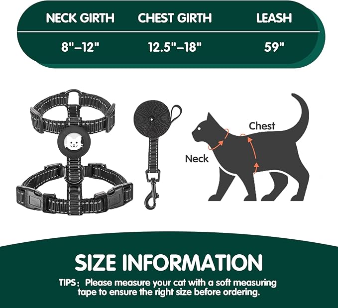BINGPET Cat Harness and Leash Set Escape Proof for Walking,Adjustable Kitten Harness with Airtag Holder for Small Medium Large Cats,Easy Control Soft Harness with Reflective Stripes(Black Reflective)
