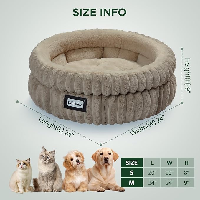 BALANCE Cat Bed Kitten Bed, Washable Round Cat Beds for Indoor Cats,Super Soft Plush Faux Fur Pet Bed for Puppy and Kitten with Anti-Slip Bottom