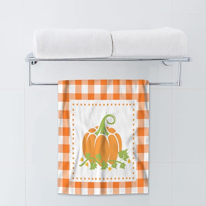 AOYEGO Pumpkin Towels Orange White Plaid Buffalo Thanksgiving Autumn Harvest Season Halloween Bathroom Kitchen Hand Towels Beach Bath Face Towels for Yoga Swim Golf 15x30 Inch