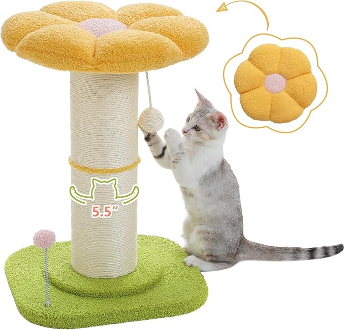 PEQULTI Flower Cat Scratching Post, Small Cat Tree, Tall Cat Scratcher for Indoor Cats with Super Thick Scratching Post [Dia=5.5''], Removable Flower Cat Bed, Cat Scratch Post with Spring Ball, Yellow