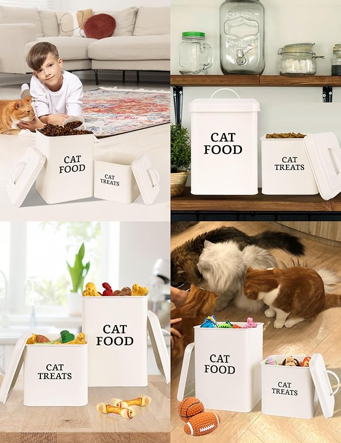 2 Packs Cat Food Storage Containers, Metal Cat Food and Treats Containers With Lid & Scoop, Farmhouse Pet Food Storage Containers, Cream