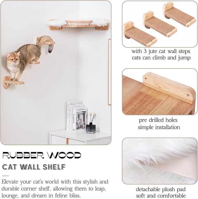Cat Wall Shelves, Corner Cat Shelf with 3 Cat Wall Steps, Cat Shelves for Wall Large Cats Set, Cat Wall Bed with Plush Covered, Wall Mounted Cat Climbing Shelf for Indoor Cats (RubberWood)