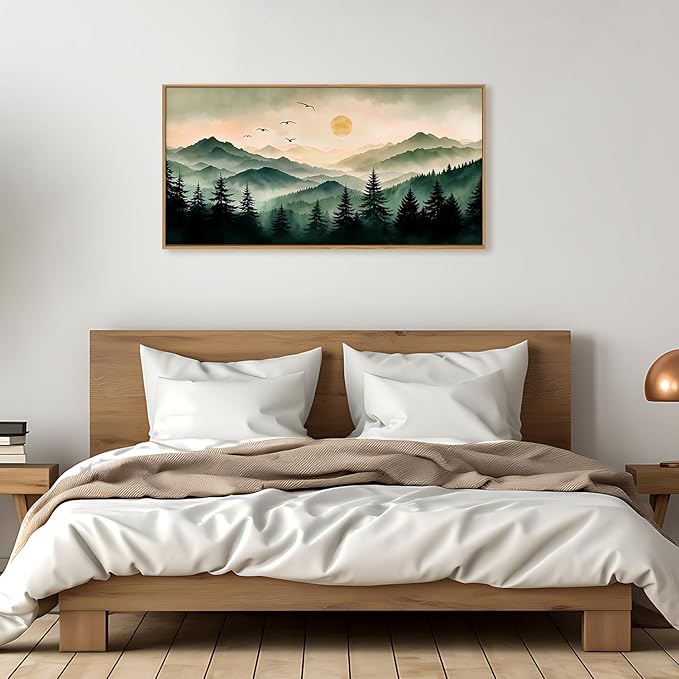 Ausril Misty Forest Framed Canvas Wall Art Set, Boho Mountain Landscape Wall Decor, Pine Tree Wall Painting, Nature Sunrise Art Prints for Living Room, Bedroom, Dining Room, Office - Large 20"x40"x1