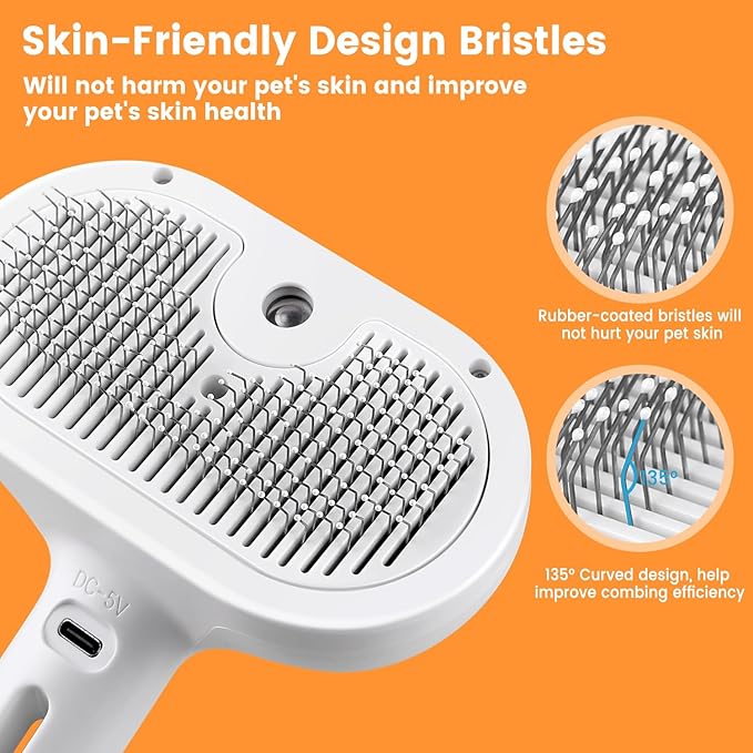 3 in 1 Cat Steam Brush, Pet Spray Hair Removal Comb for Shedding & Grooming, Water Brush for Cats Dogs Small Animals Long Short Haired with One-Click Release Button(White)