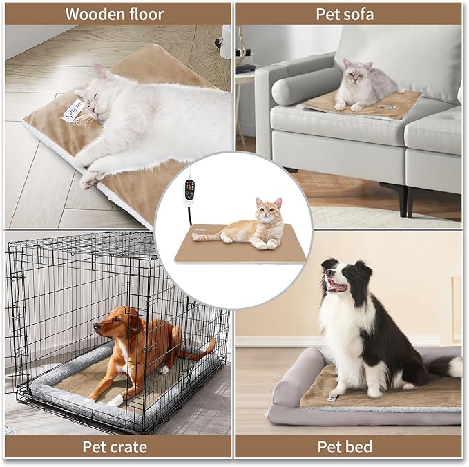 Rest-Eazzzy Cat Heating Pad, Cat Bed with Removable Cover Heated Cat Bed 5 Level Timer and 5 Level Temperature, Cat Beds for Indoor Warming Mat for Cat Dog (Heat pad, Pure-Brown)