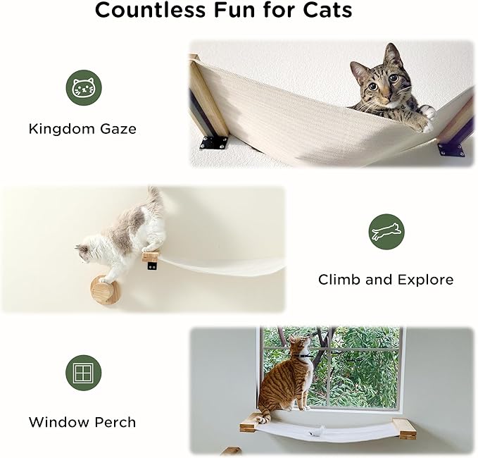 FUKUMARU Cat Wall Furniture, 2 PCS Cat Wall Climbing Shelves Set, Solid Rubber Wood Cat Shelf, Cat Shelves and Perches for Wall Sleeping, Playing, Climbing and Lounging, 16 inch Drywall Installation