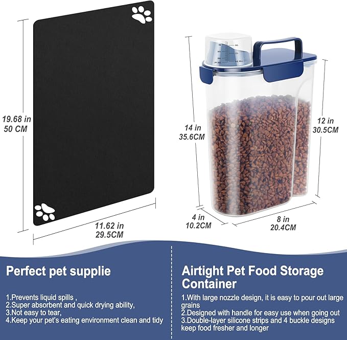 5-7Lbs Portable Airtight Dog Cat Food Container, match pet feeding mat Clean and convenient, making food less messy,translucent Storage Bin for Small Animal Kibble,Bird Seed,Oatmeal,Rice-Royal Blue