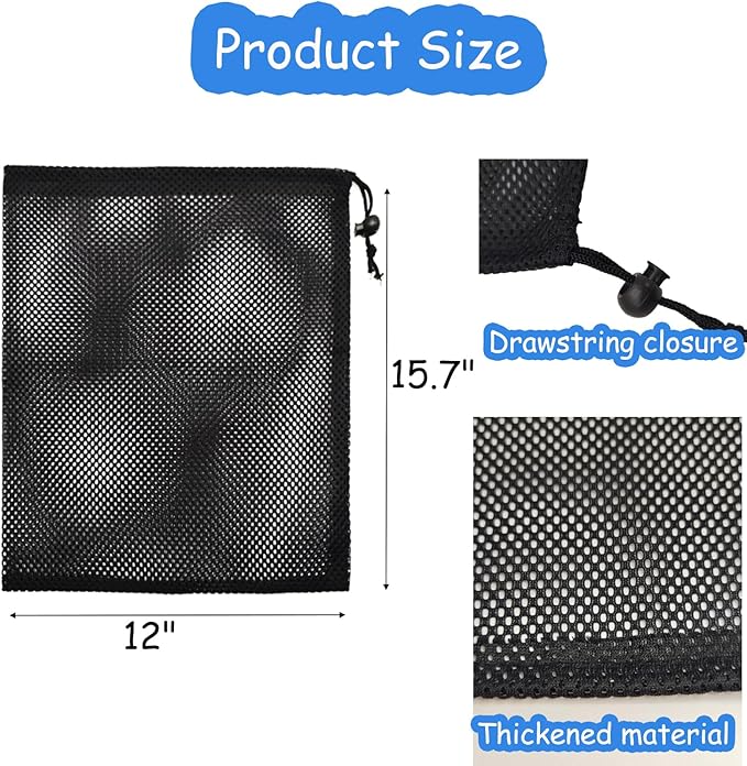 6 PCS Mesh Drawstring Bag 12" x 15.7", Durable Sports Equipment Net Bag Multipurpose Mesh Storage Bags for Tennis Ball, Golf Ball, Swimming, Camping and Travel, Black
