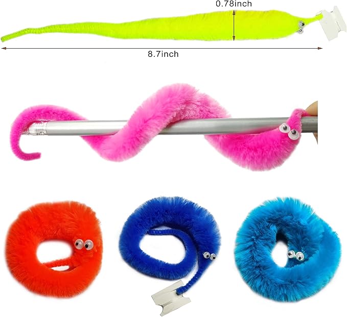 12PCS Fuzzy Worms, Fuzzy Worm Toys, String Worm Pets Fuzzy Worms On String Bulk Trick Toy Party Favors for Kid Cat (6 Colors)