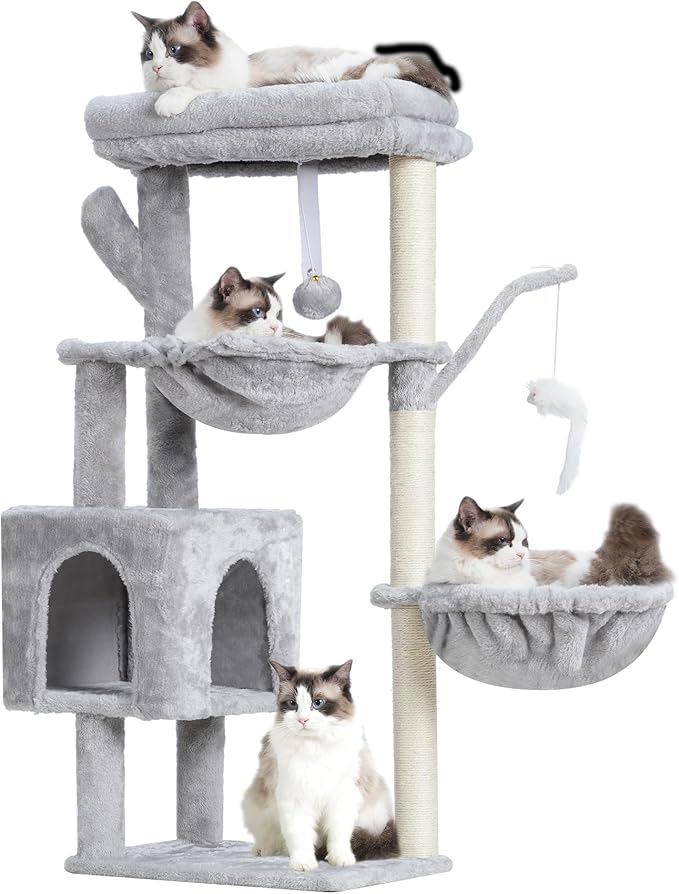 Heybly Cat Tree, 39.4 Inches Tower Condo with Scratching Post, Cat Tower for Indoor Cats, Fully Wrapped Sisal Pole, Soft Platform, 2 Baskets and Dangling Toy, Light Gray HCT006SW