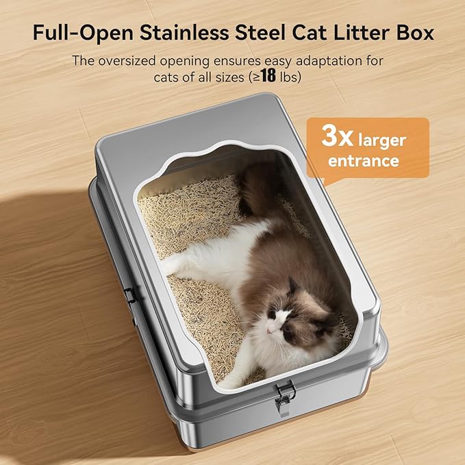 All-Metal Extra Large 28" x 20" Litter Box Pan for Big Cats Maine Ragdoll Metal Large Enclosed Stainless Steel Litterbox with Metal Lid + Litter Scoop, Non-Sticky, Anti-Leakage, Easy Cleaning