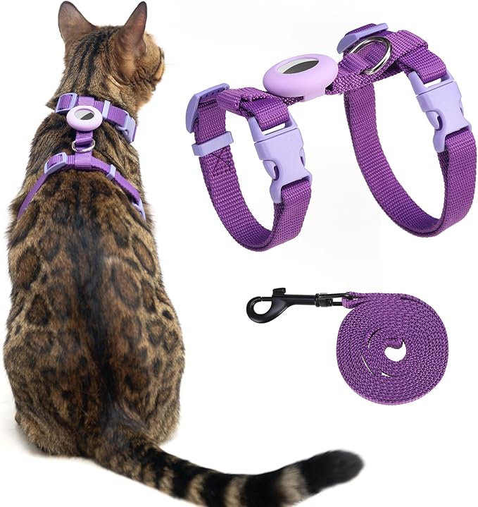 Cat Harness and Leash Set Escape Proof for Walking, Adjustable Cute Kitten Harness Leash with Airtag Holder for Small Large Cats, Lightweight Soft Walking Travel Harness (Purple)