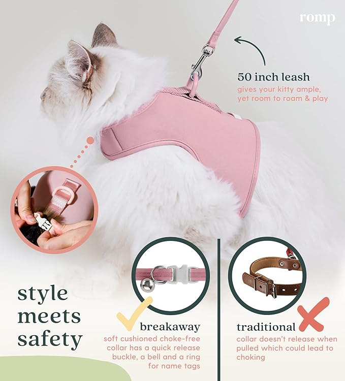 Cat Harness, Collar & Leash Set - Escape Proof Adjustable Choke Free Velcro Harness Vest for Walking Cats & Kittens (Powder Pink, Medium)