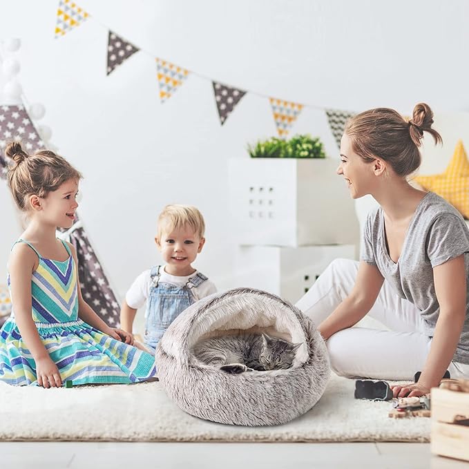 CATISM Cat Bed, Plush Hooded Cat Beds for Indoor Cats, Calming Cat Nest, Self Warming Cat Bed Cave, Cozy Cat Pod for Indoor Cat or Small Dog, Removable Washable Cat Cove with Non-Slip Bottom