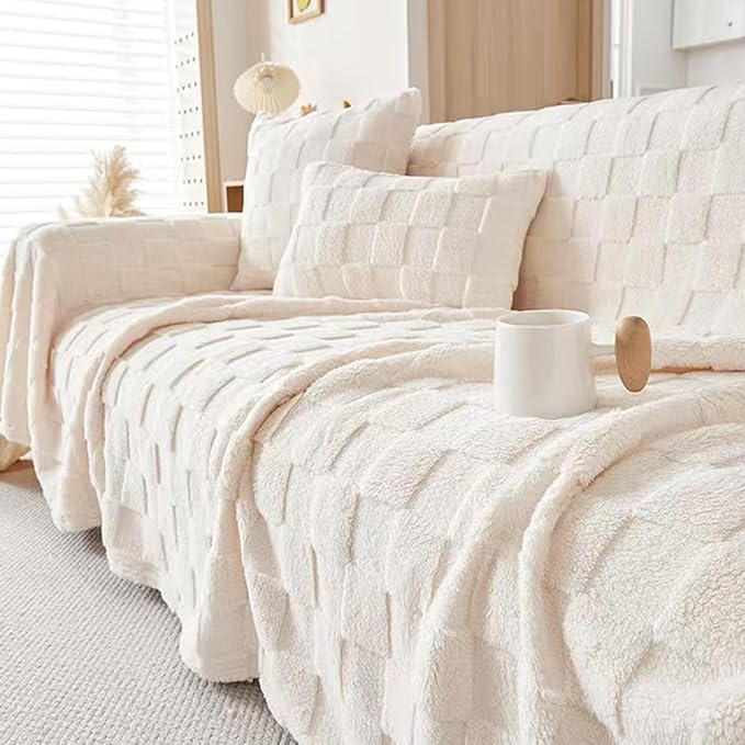 3D Fleece Checkered Blanket, Cozy Soft Warmer Comfort Lightweight for All Season, Fuzzy Aesthetic Room Decor for Couch Sofa Bed, Gifts for Christmas, Birthdays, White
