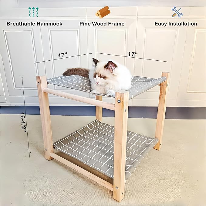 2 Layer Cat Hammock Bed for Indoor Cats, 17.0''×17.0'' Big Size Cat Hammock, Pine Wood Elevated Cat Bed, Good for All Seasons(Grey)