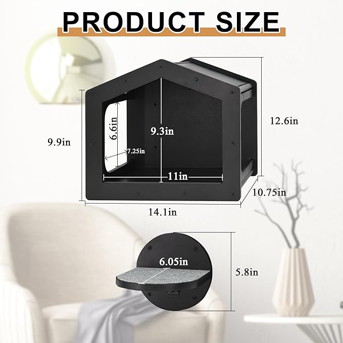 Cat Wall Shelves, Cat Shelves and Perches for Wall, Cat House Fit Cat Up to 25Lbs, 1 Cat Condo House and 3 Large Cat Steps with Scratching Pad, Cat Climbing Shelf for Indoor, Cat Wall Furniture