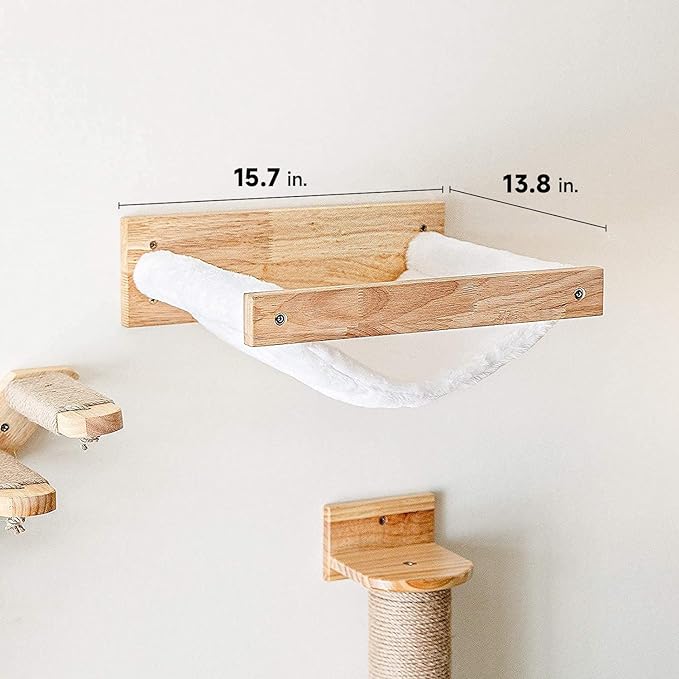 FUKUMARU Cat Hammock Wall Mounted, Kitty Beds and Perches, Wooden Cat Wall Furniture, Stable Cat Wall Shelves for Sleeping, Playing, Climbing, and Lounging, White Flannel Cat Shelves