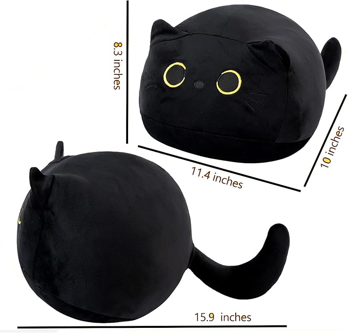 15.7" 3D Black Cat Plush Toy Pillow, Soft Kawaii Kitten Stuffed Animal Cushion