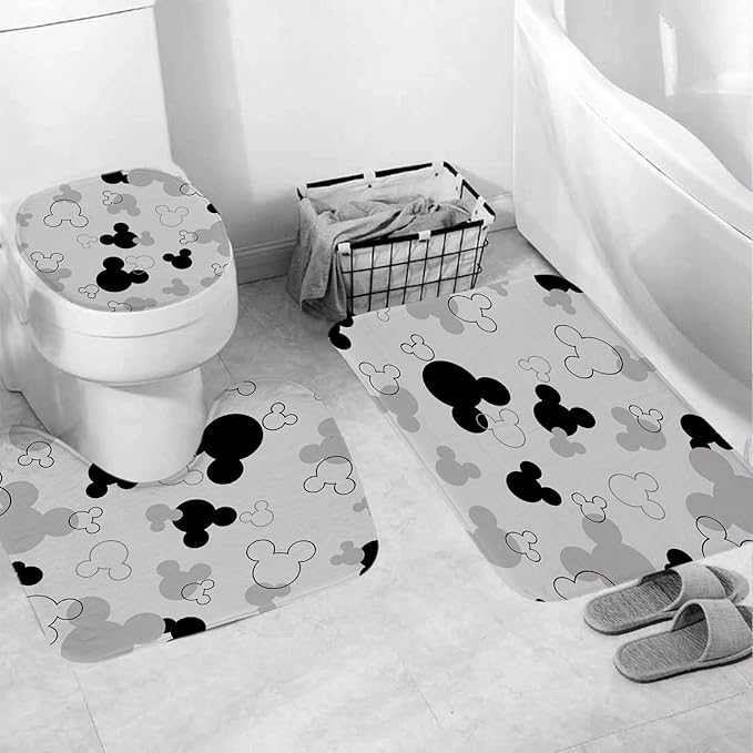 4 Pcs Black and Gray Mouse Bathroom Set - Includes Shower Curtain, Toilet Lid Cover, Contour Rug & Bath Mat - Waterproof Polyester Fabric, Non-Slip Backing - Gray Black Cartoon Design