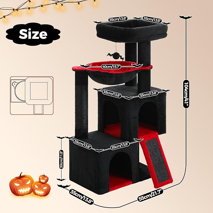 PAWZ Road Large Cat Tree, 41 Inches Gothic Cat Tower with 2 Spacious Condos for Indoor Cats, Large Black Cat House with Comfy Hammock, Padded Perch, Scratching Pad and Replaceable Balls-Black