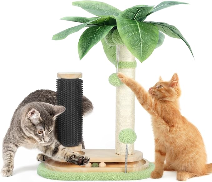 Cat Scratching Post, 29" Tall Cat Scratcher Post with Cat Self Groomer, Dangling Plush Balls, 5-in-1 Interactive Trackball Cat Toys for Indoor Cats with 2 Layer Tracks 6 Spinning Balls Sisal Cat Tree