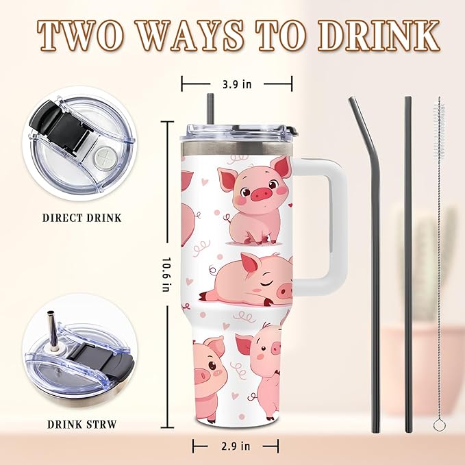 40 Oz Pig Tumbler with Handle and Straw, Just A Girl Who Loves Pig Tumbler, Cute Stainless Steel Insulated Tumblers for Women, Birthday Mothers Day Gifts for Animal Lovers Women