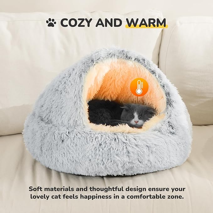 CATISM Cat Bed, Plush Hooded Cat Beds for Indoor Cats, Calming Cat Nest, Self Warming Cat Bed Cave, Cozy Cat Pod for Indoor Cat or Small Dog, Removable Washable Cat Cove with Non-Slip Bottom