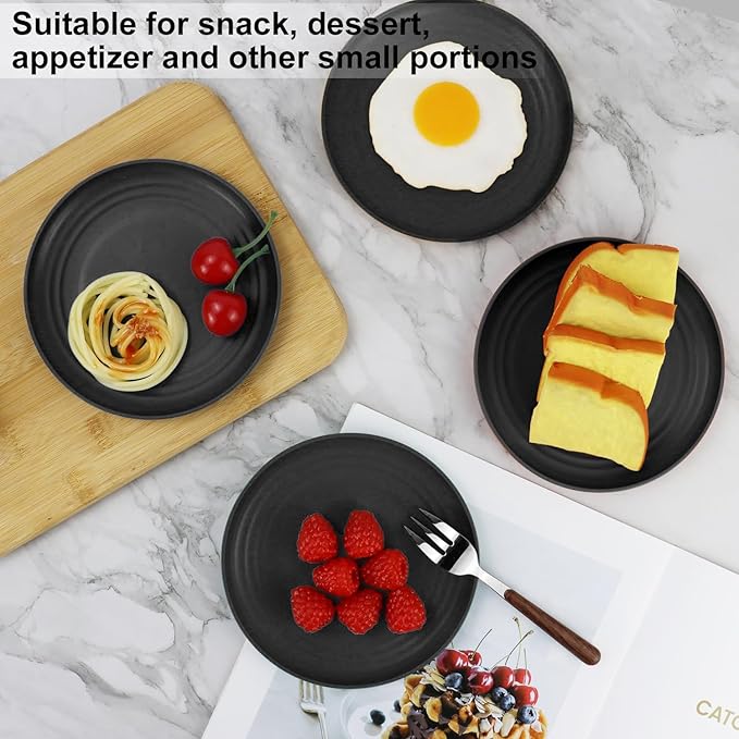 6 Inch Dessert Plates Set of 8, Unbreakable Wheat Straw Appetizer Plates, Reusable Plastic, Microwave & Dishwasher Safe, Mini for Kitchen (Black)