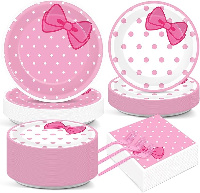 200 PCS Pink Cat Party Supplies Cute Cat Birthday Paper Plates and Napkins Tableware Set Cats Dinner Dinner Dessert Plates Decorations for Birthday Baby Shower Cute Bow Party Favors for 50 Guests