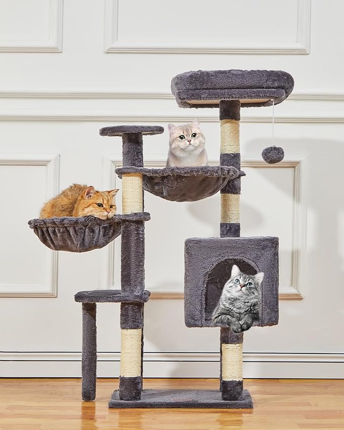 Taoqimiao Cat Tree, 39.4-Inch Cat Tower for Kittens, Cat Tree Tower with 5 Scratching Posts, Plush Cat Condo with Plush Perch, 2 Hammock, Pompoms, Smoky Gray MS019G
