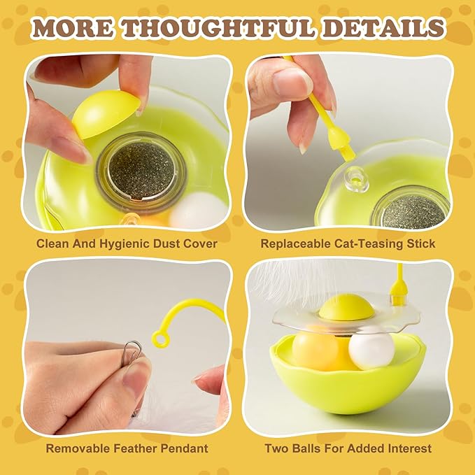 3-in-1 Tumbler Catnip Toy Interactive Cat Toys Cat Teaser with Feather and Bell, Track Balls Kitten Toys for Indoor Cats 9.8'' High (Yellow)