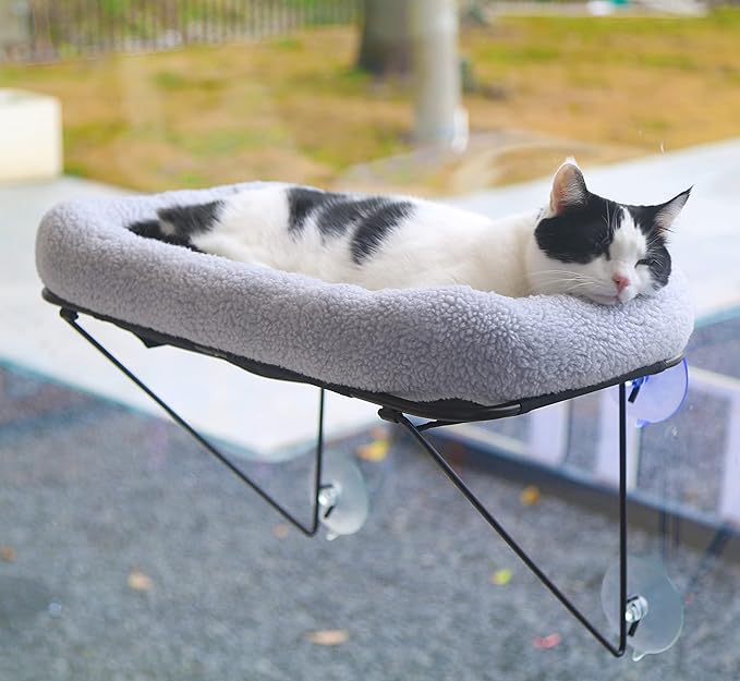 Cat Window Perch - 100% Metal Supported from Below - Comes with Warm Spacious Pet Bed - Cat Window Hammock for Large Cats & Kittens - for Sunbathing, Napping & Overlooking (Grey)
